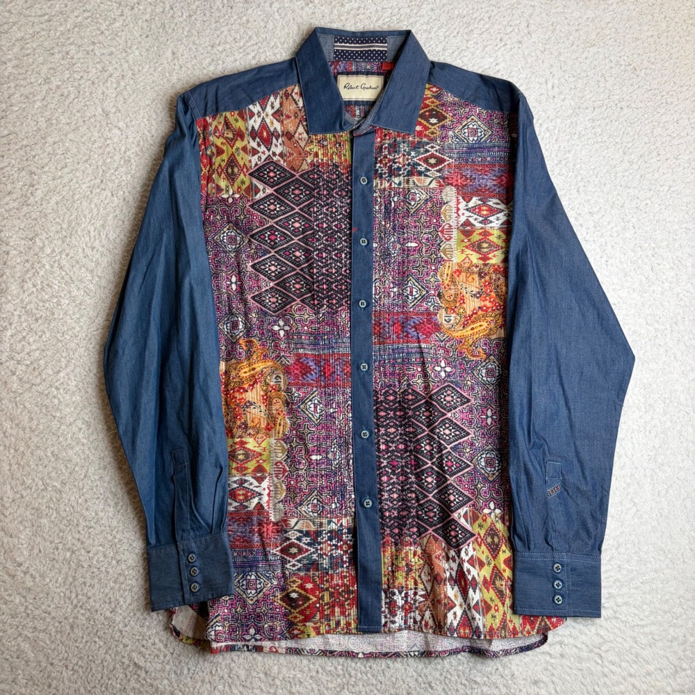 Robert Graham Mens XL Tailored Fit Patchwork Print Denim Contrast Button Shirt